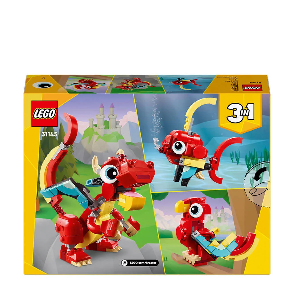 De rode draak3-in-1 Rode draak Speelgoed Dieren Figuren Set met Vis en Feniks 31145