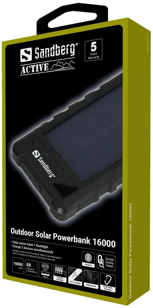 16.000 mAh Udendørs Solar PowerBank, Sort