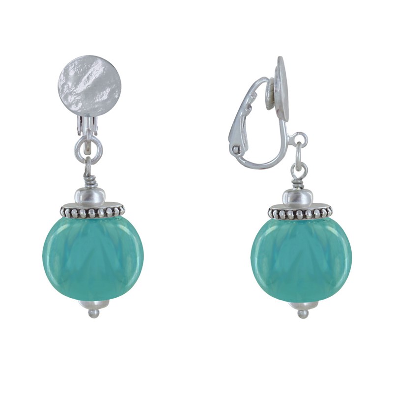 Boucles d'Oreilles Clip Métal Argenté et Grosses Perles en Céramique