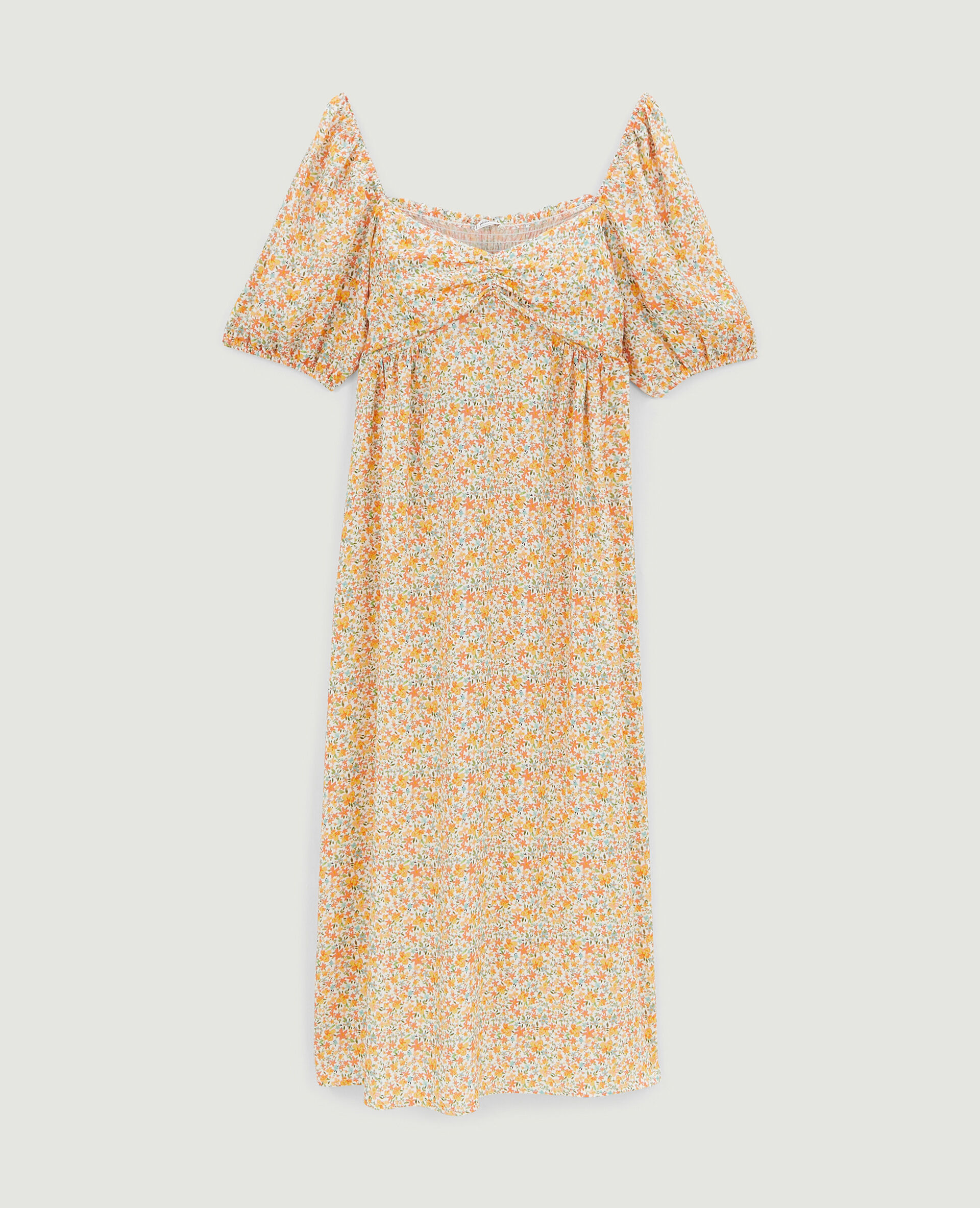 Robe midi manches ballons motifs fleurs - Blanc