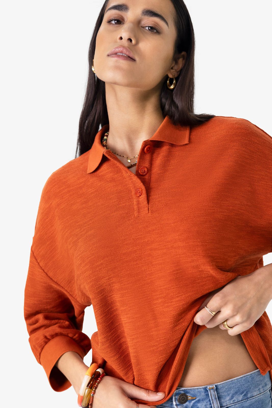 Oranjebruin T-shirt met polo kraag