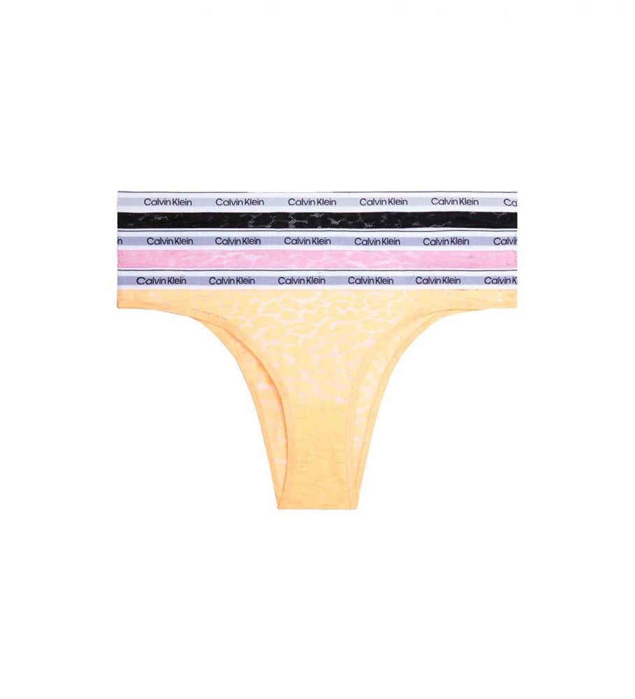 Conjunto com 3 calcinhas de renda brasileira Calvin Klein - Amarela, Rosa e Preta