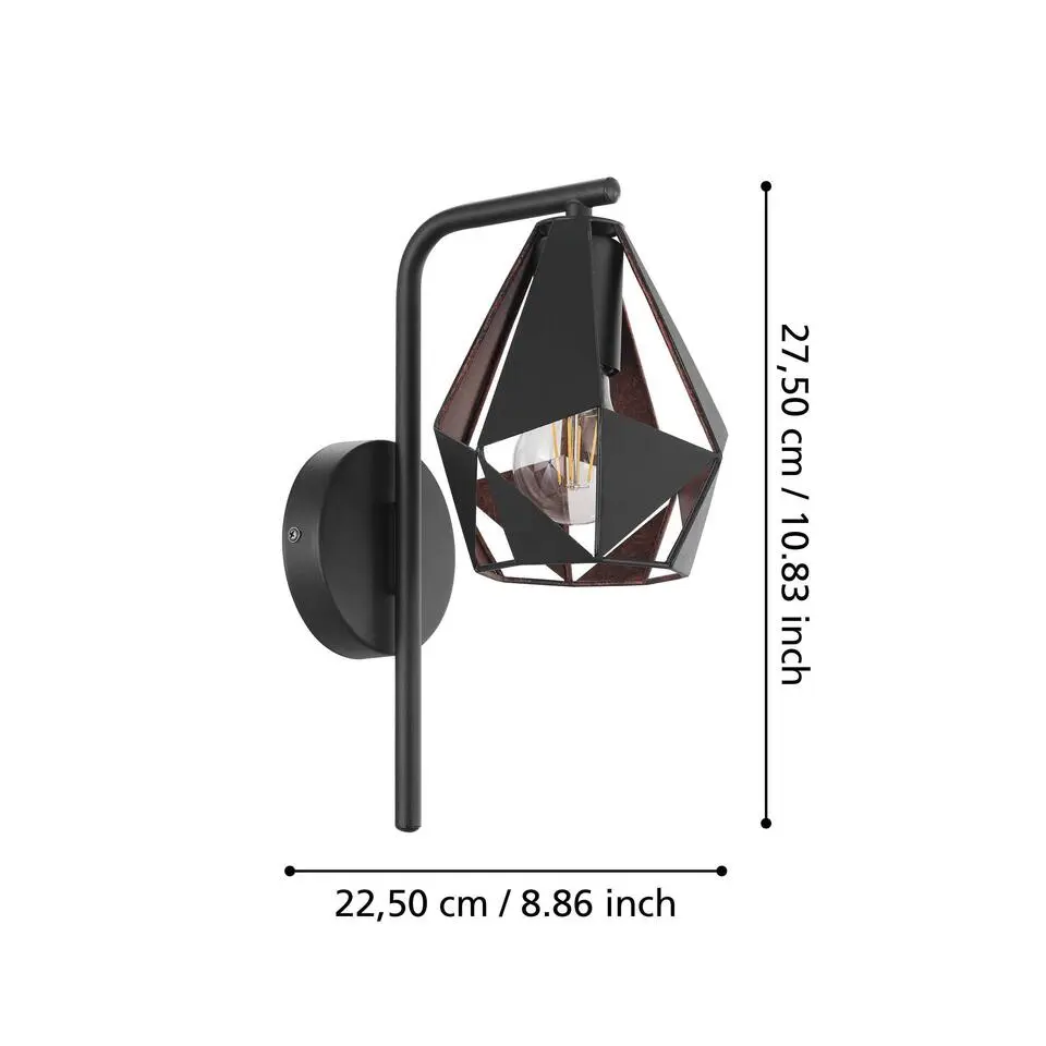 EGLO Carlton 4 Wandlamp - E27 - 16 cm - Zwart/Koper