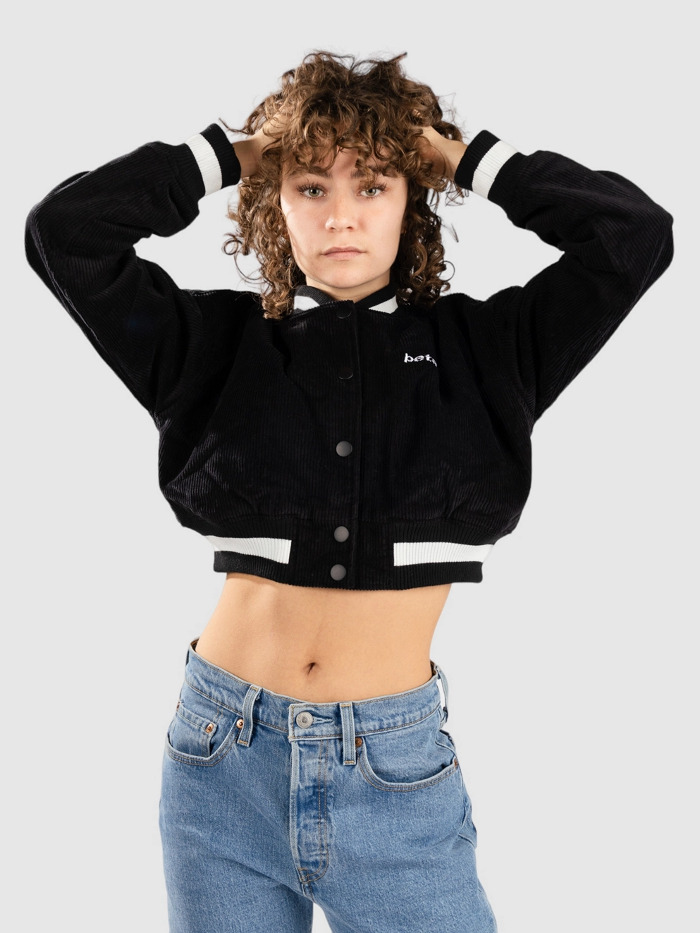 Petals and Peacocks Billie Crop Varsity Jacket black