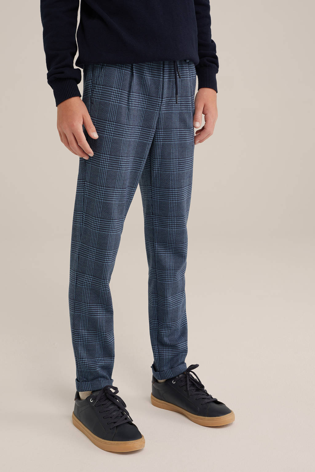 WE Fashion geruite slim fit broek donkerblauw/lichtblauw