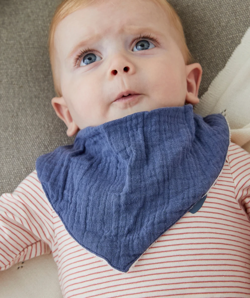 LOT DE 3 BAVOIRS BÉBÉ EN COTON STYLE BANDANAS BLEU ET BLANC