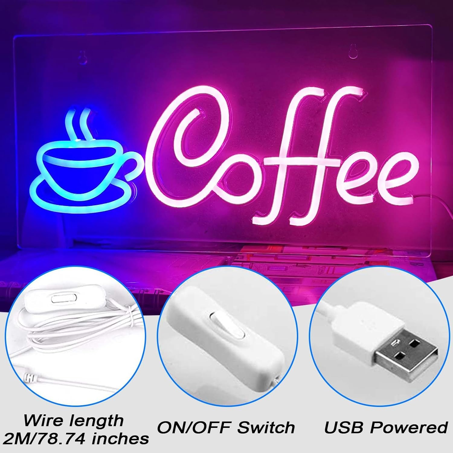 (42x22cm) LED Neon Sign Coffee Wand Deko Licht Schild Home Accessoire (USB) - Pink / Blau