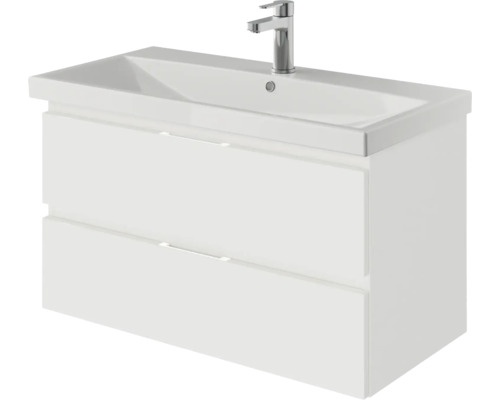 3-delige badkamermeubelset Pelipal serie 4035 BxHxD 90 x 200 x 45 cm, witte fronten, met witte keramische wastafel en keramische spoelbak, badmeubel, spiegelkast met LED-verlichting 40350900121150