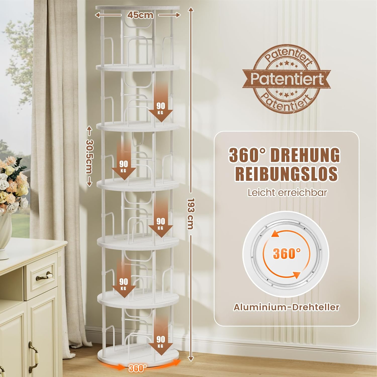 Generisch 360° Drehbares Bücherregal, Bodenstehendes Bücherschrank Aus Holz, Bookshelf Mit 6 Ebenen, Verstellbare Ebenen, Standregal, 45×45×193cm, Weiß OH0228932