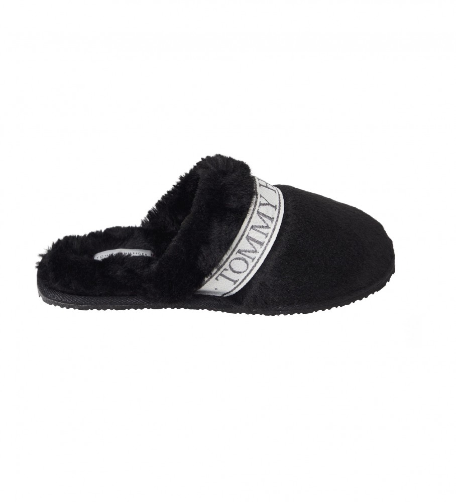 Chinelo de hotel Tommy Hilfiger com forro de pele, preto.