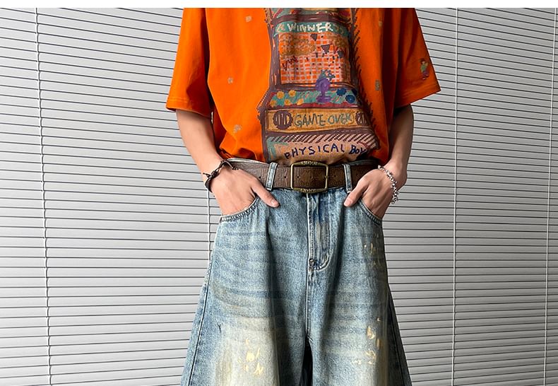 AXEN - Mid Rise Print Washed Wide Leg Jeans