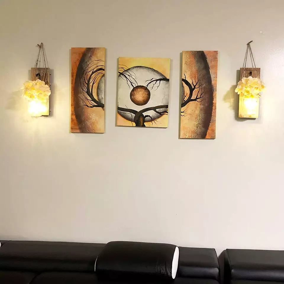 (2er Set) Vintage Wandleuchte Home Deko Wand Lampe Kunstblumen Lichterkette inkl. Fernbedienung (Batteriebetrieben) - Braun