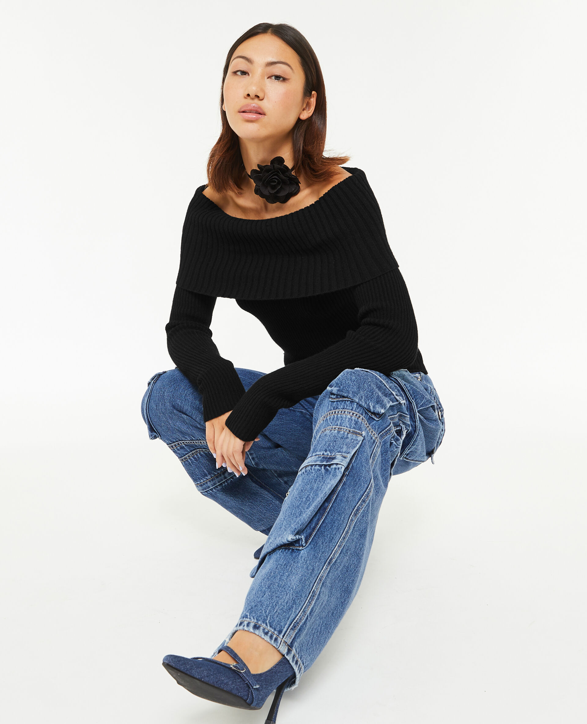 Pull encolure Bardot en maille côtelée - Noir