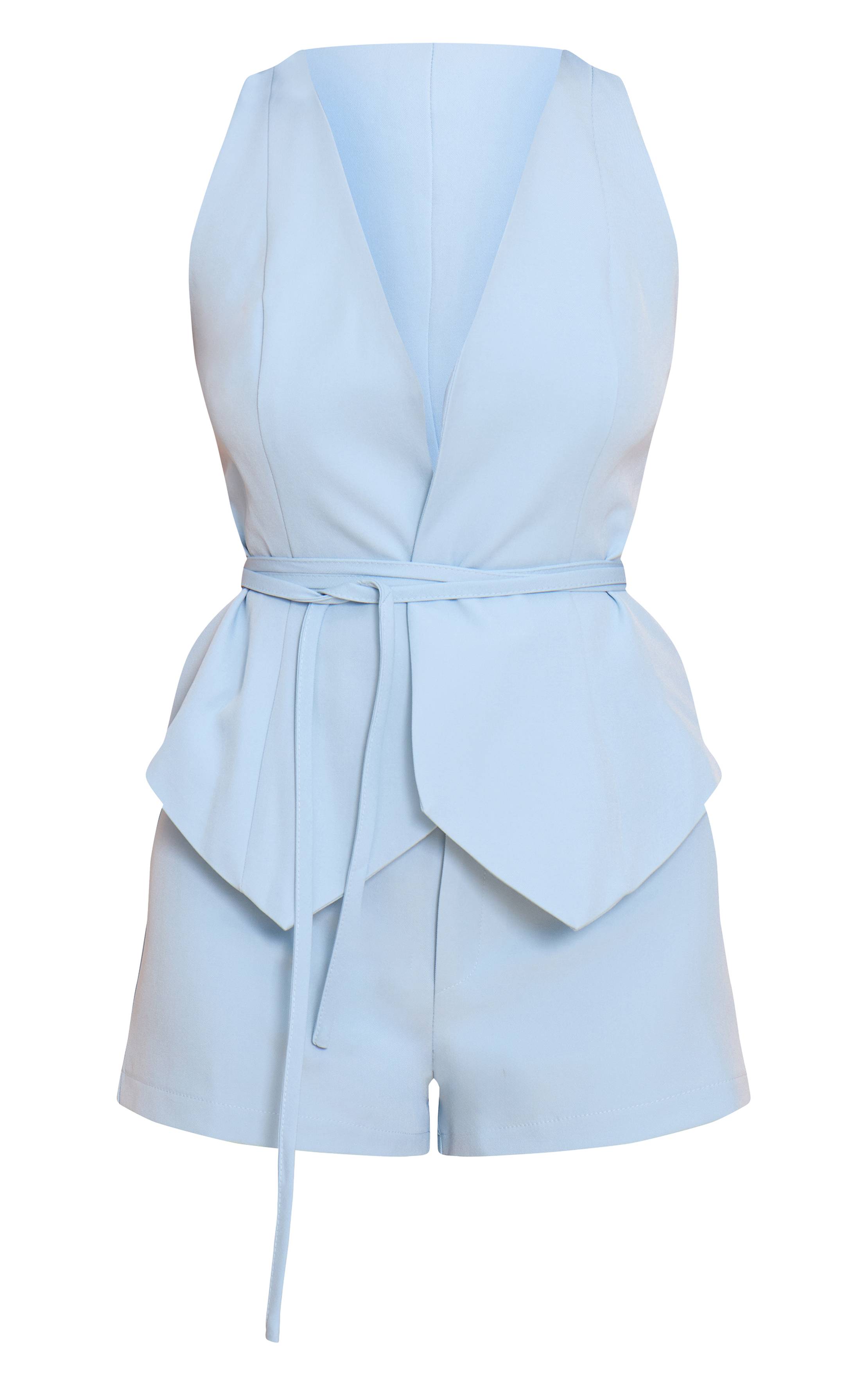 Bleu Combi-short Gilet En Tissu Tissé Avec Ceinture À Nouer À La Taille