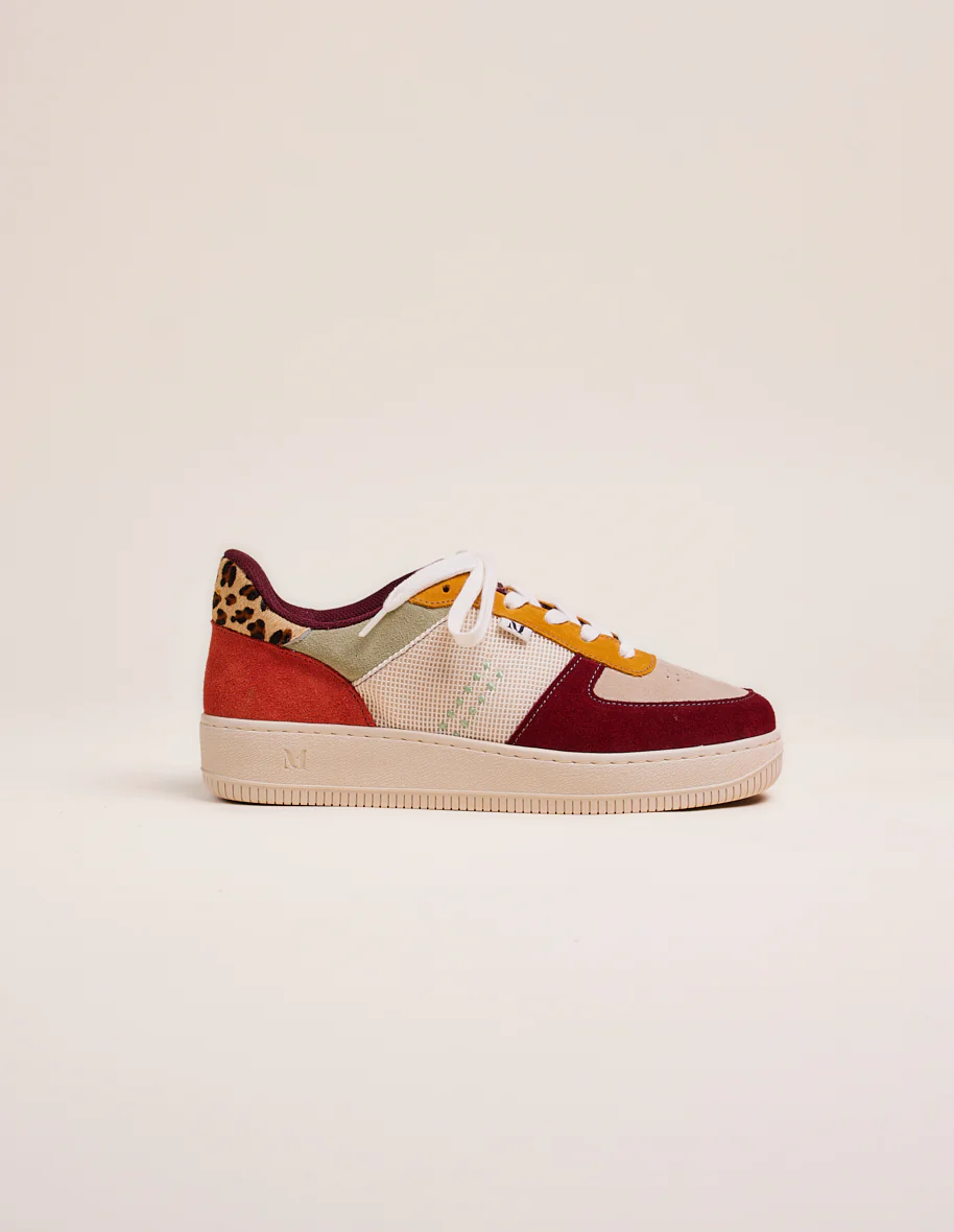 Baskets basses Maxence F - Suède et mesh bordeaux beige moutarde