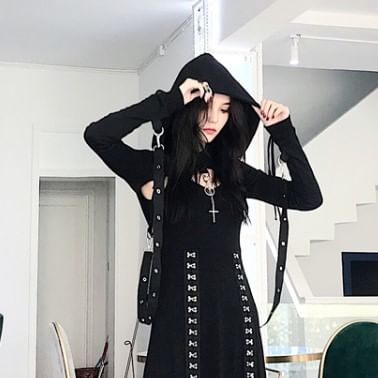 Warelmapo - Spaghettibandjes effen haak-en-oog split midi A-lijn jurk / Lange mouwen capuchon hoepel accent crop top / Set