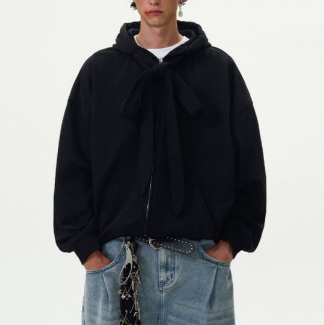 Jerolenea - Effen hoodie met strik aan de voorkant en rits