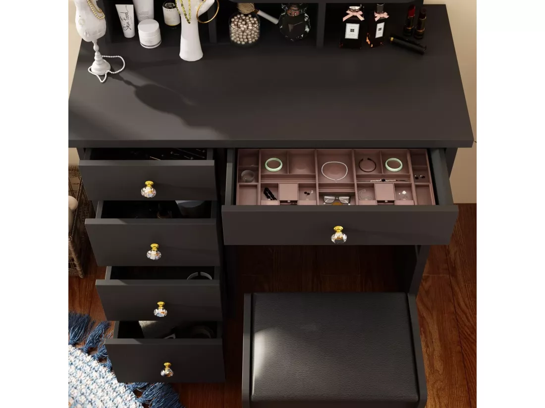 Coiffeuse avec tabouret et miroir Compariment étagères 80x40x140cm Noir