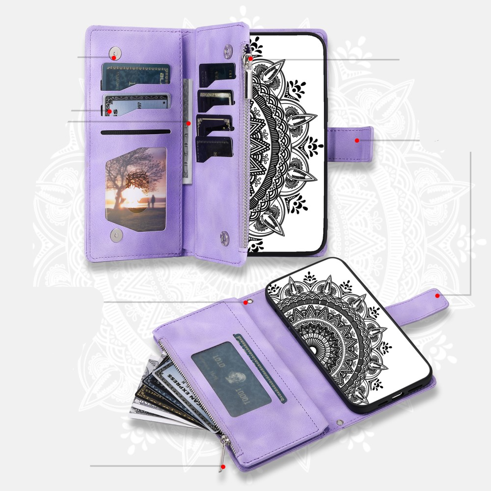 iPhone 15 Leder Tasche Flip Cover mit Reissverschluss - Mandala Flowers Imprint - Lila