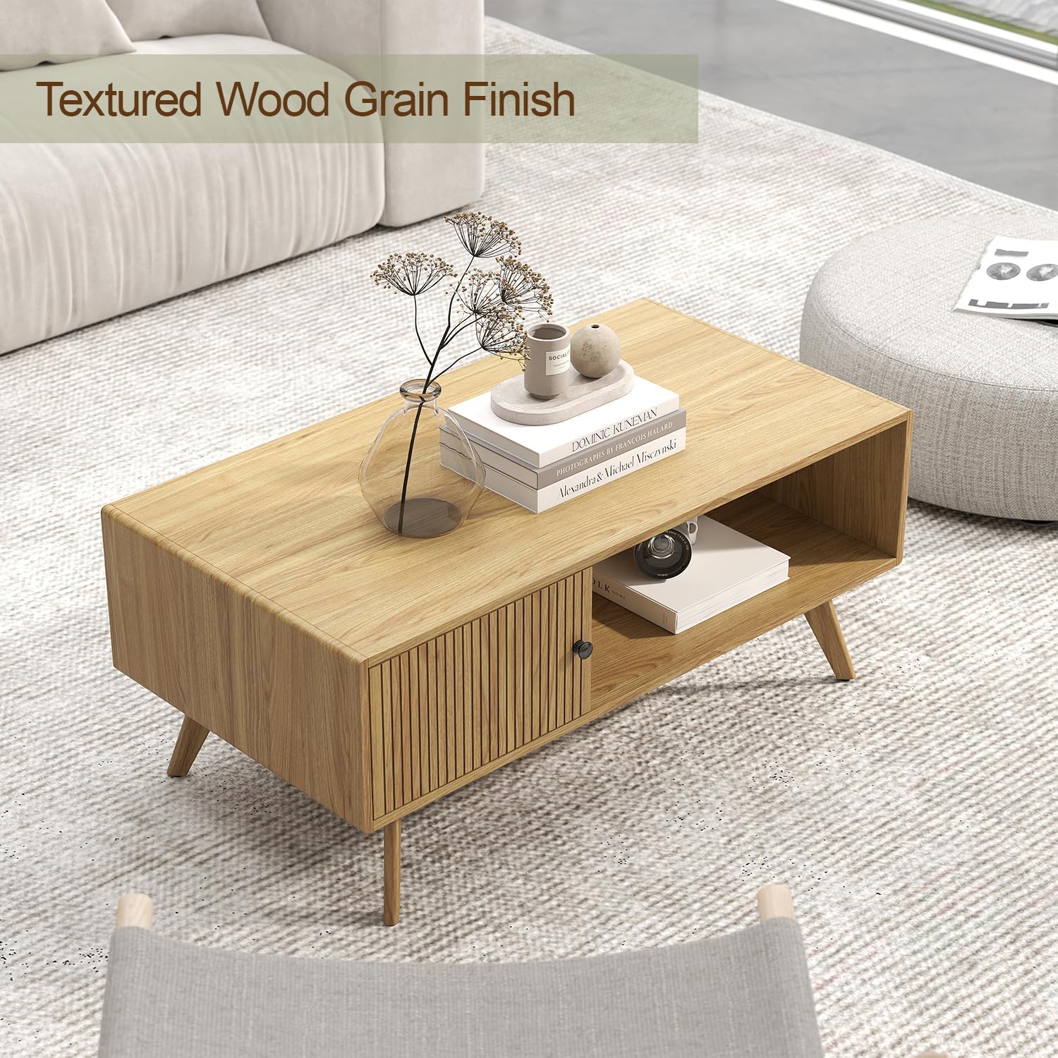 Manora Couchtisch Holz Eiche - Moderner Wohnzimmertisch Holz mit Stauraum, 105x55x45cm, Stabiler E1-Platte & Massiv Holzfüßen, Landhausstil Couchtisch für Wohnzimmer