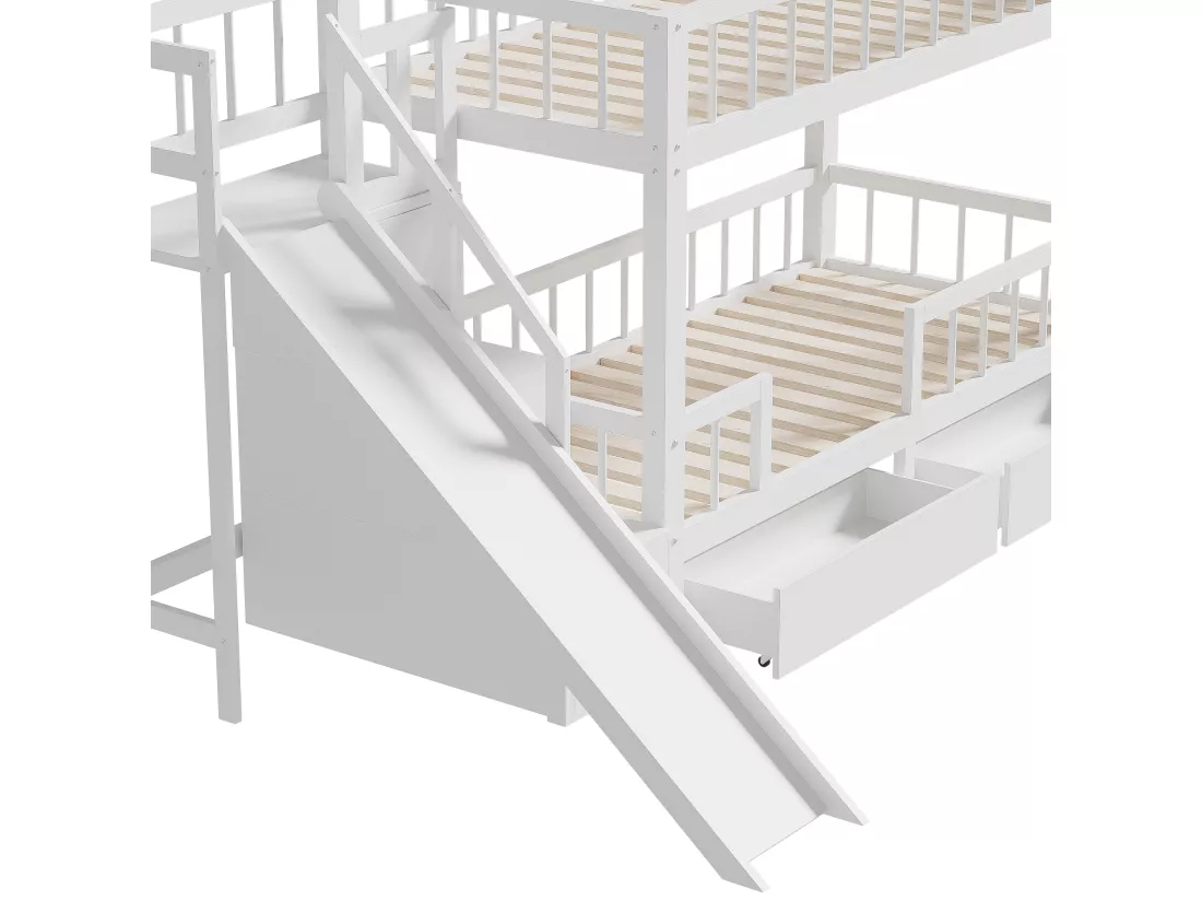 Lit superposé en bois et MDF - 90x200 cm - avec toboggan et escalier - Blanc(sans matelas)