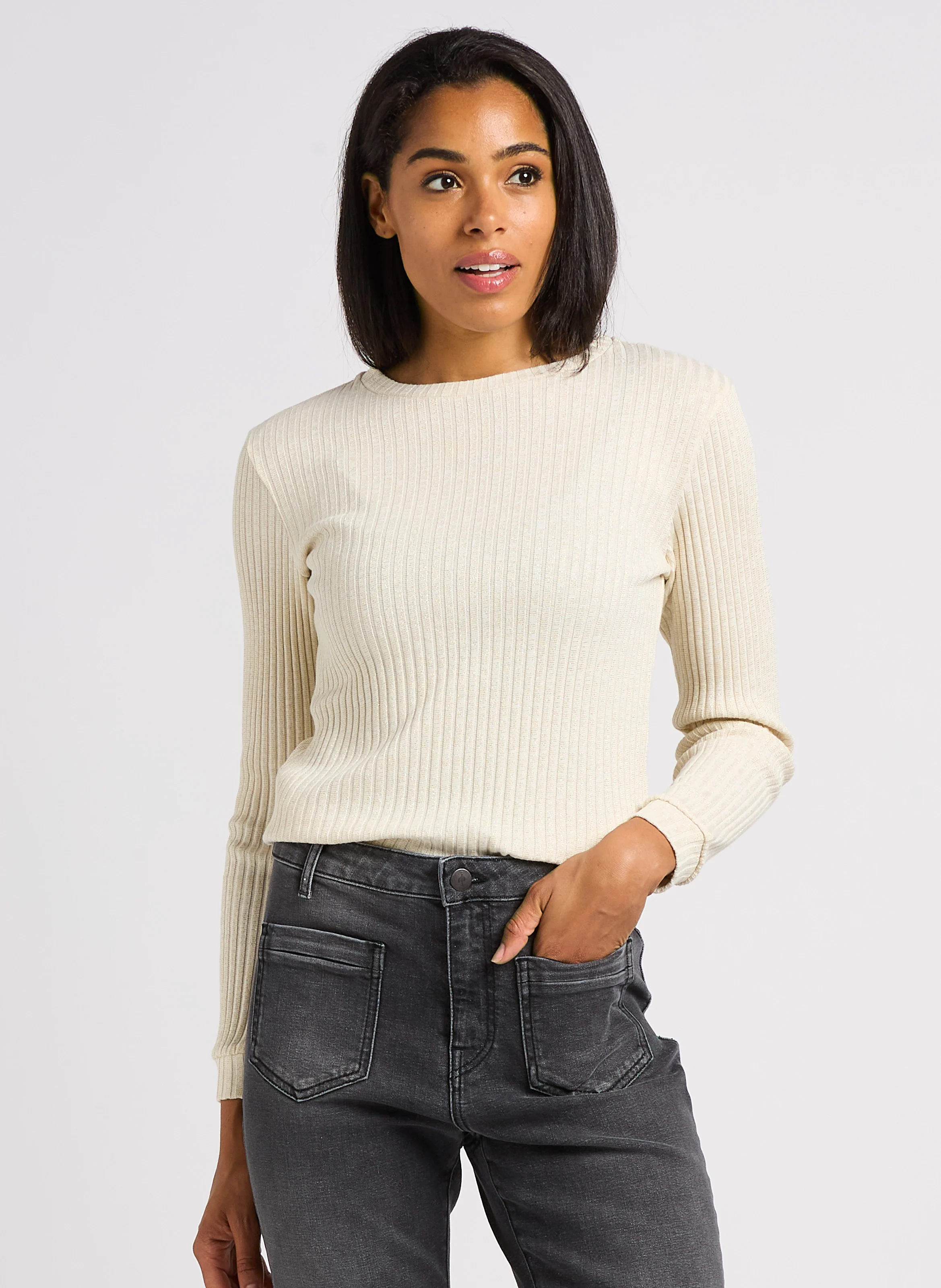 MALENE - Pull col rond en coton mélangé | Beige