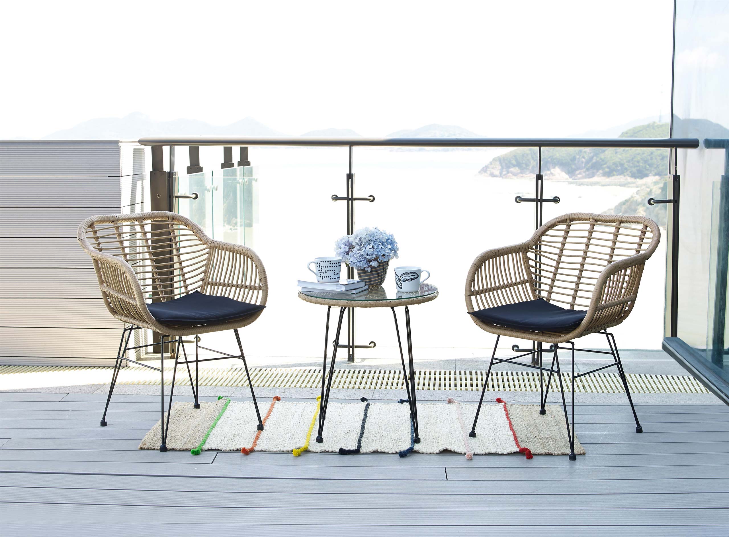 Poly-Rattan Garnitur MCW-G17, Balkon-Set Gartengarnitur Sitzgruppe Stuhl, Seil ~ naturfarben, Kissen anthrazit