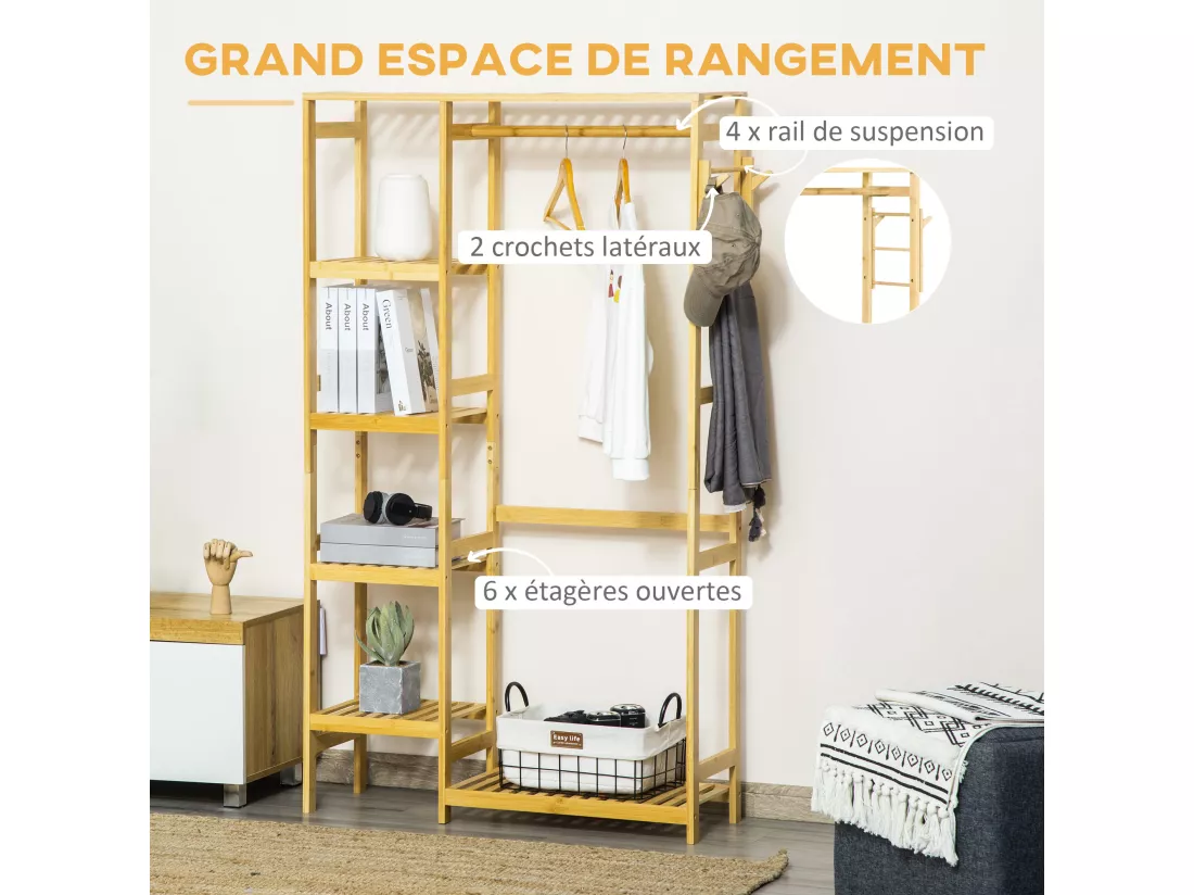 Penderie porte-manteaux - 5 étagères, espace penderie, 2 patères - dim. 90L x 30l x 155H cm - bois bambou