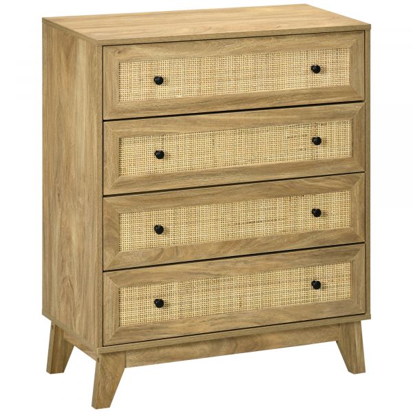 HomCom Cómoda com 4 Gavetas Cómoda de Madeira com Gavetas de Vime e Pés Elevados 80x35x95cm Madeira