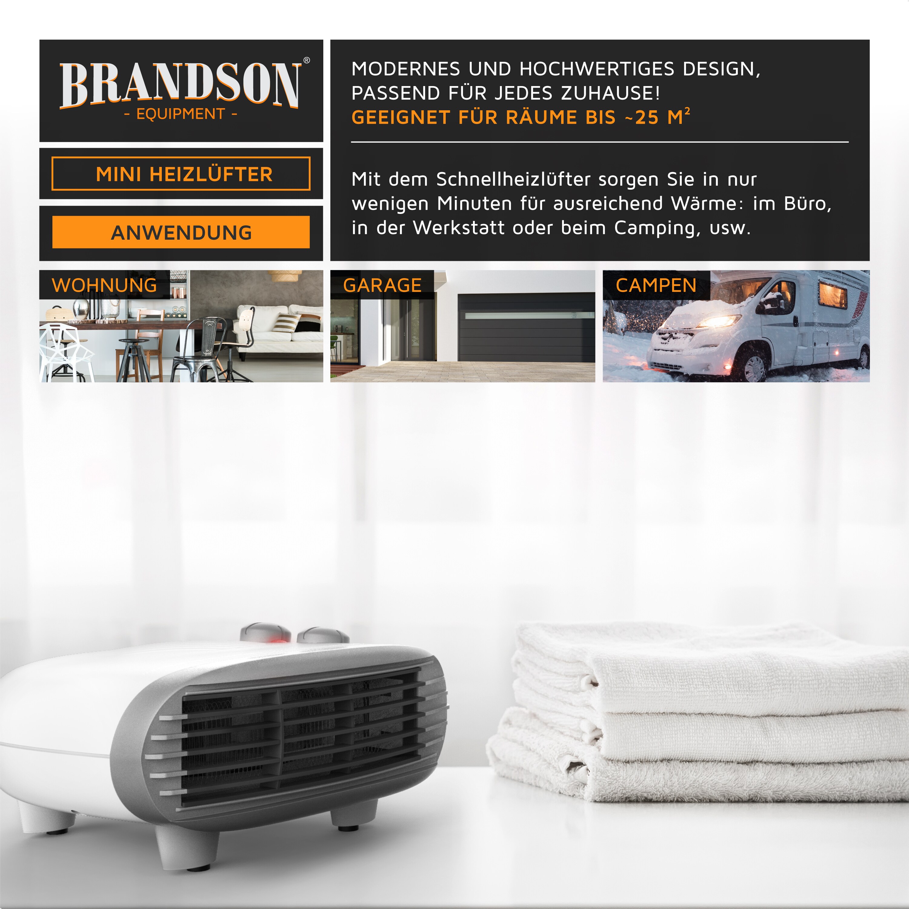 Brandson Heizlüfter 2000W, einstellbares Thermostat, Überhitzungsschutz, Automatische Abschaltung, 3 Leistungsstufen, Weiß/Silber