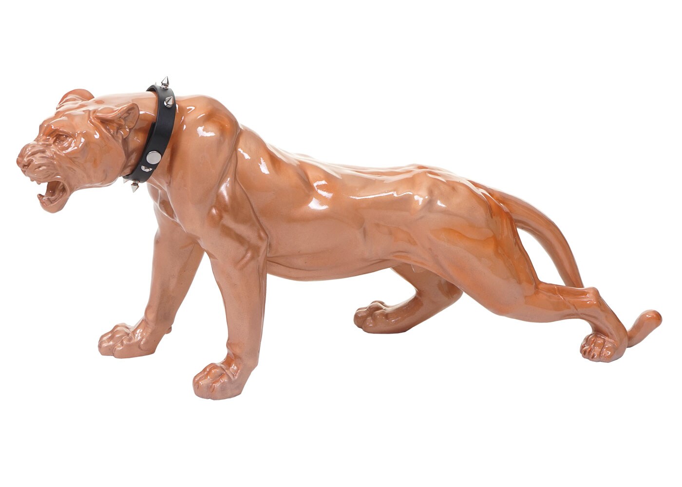 Deko Figur Panther 59cm, Polyresin Skulptur Leopard, In-/Outdoor ~ antik hochglanz mit Halsband