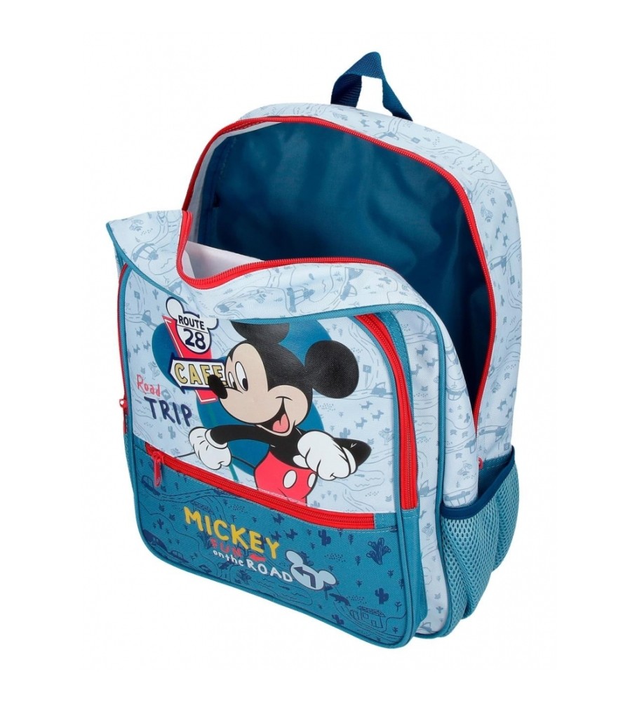 Mochila Escolar Disney Mickey Road Trip 38cm com Rodinhas Azul