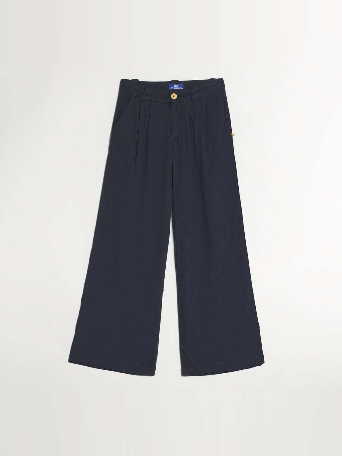 Pantalon Femme Large et 7\/8 Lin Lyocell Marine
