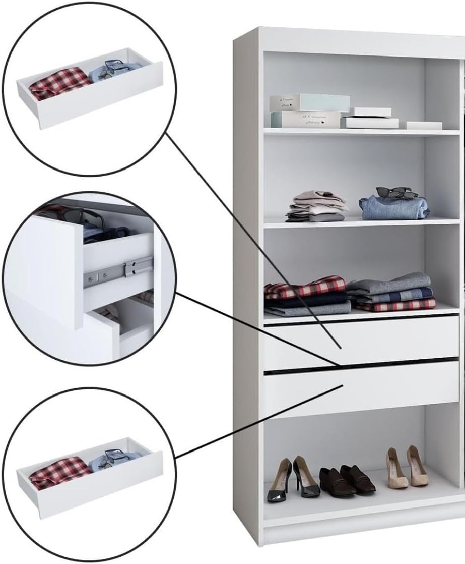 A&J MöbelLand Schwebetürenschrank IOSA Kleiderschrank 3-türig mit 4 Schubladen & 3D Lamellen, Garderobe 200 cm (Sonoma/Weiß/Weiß/Weiß)