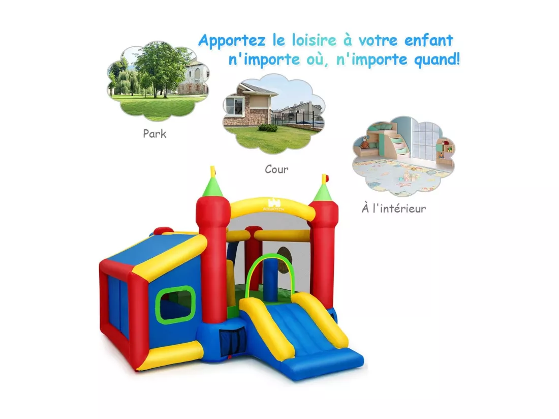 Château Gonflable Grande Aire de Jeux Multifonctionnel en Nylon et Oxford avec Toboggan,Boules et Sac 380 x 305 x 215 CM