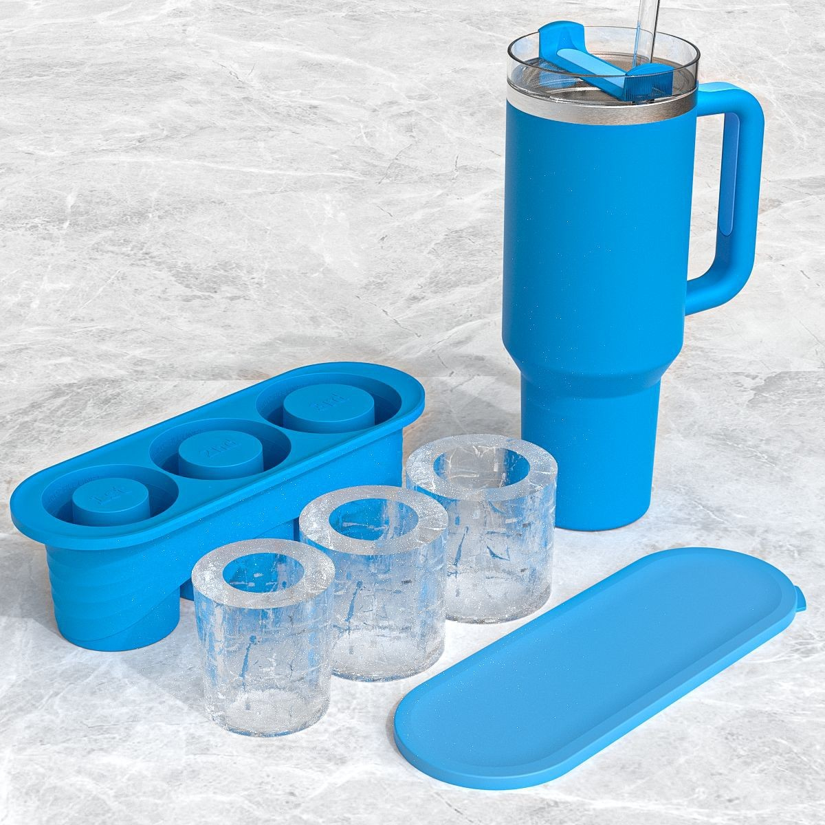(3-fach) Silikon Eiswürfel Form mit Deckel für Stanley Cup Thermo Becher - Blau