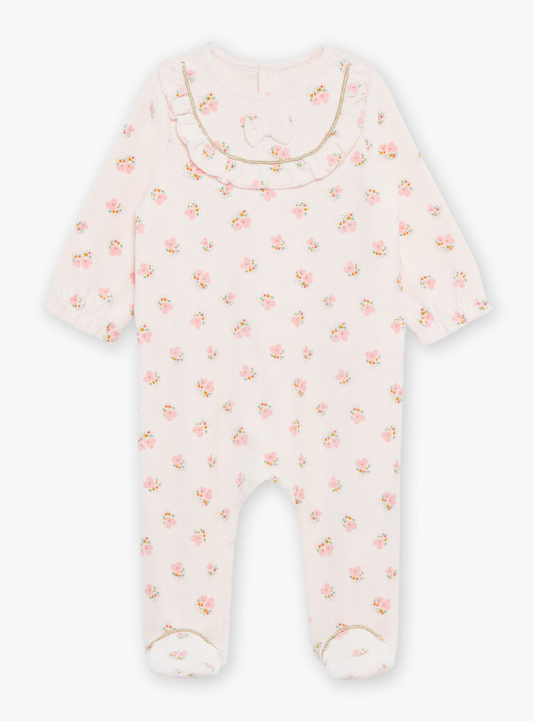 Grenouillère en velours rose poudré avec coeur et fleur