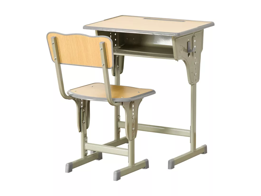 HOMCOM Bureau enfant Vintage style pupitre d'écolier - ensemble bureau et chaise réglable - case de rangement, bracket, range-stylos - acier kaki MDF aspect bois clair