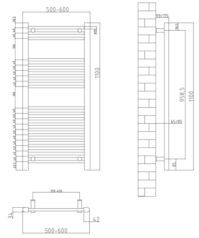 Eastbrook Biava elektrische handdoekradiator met aan/uit knop 50x110cm 400W zwart mat