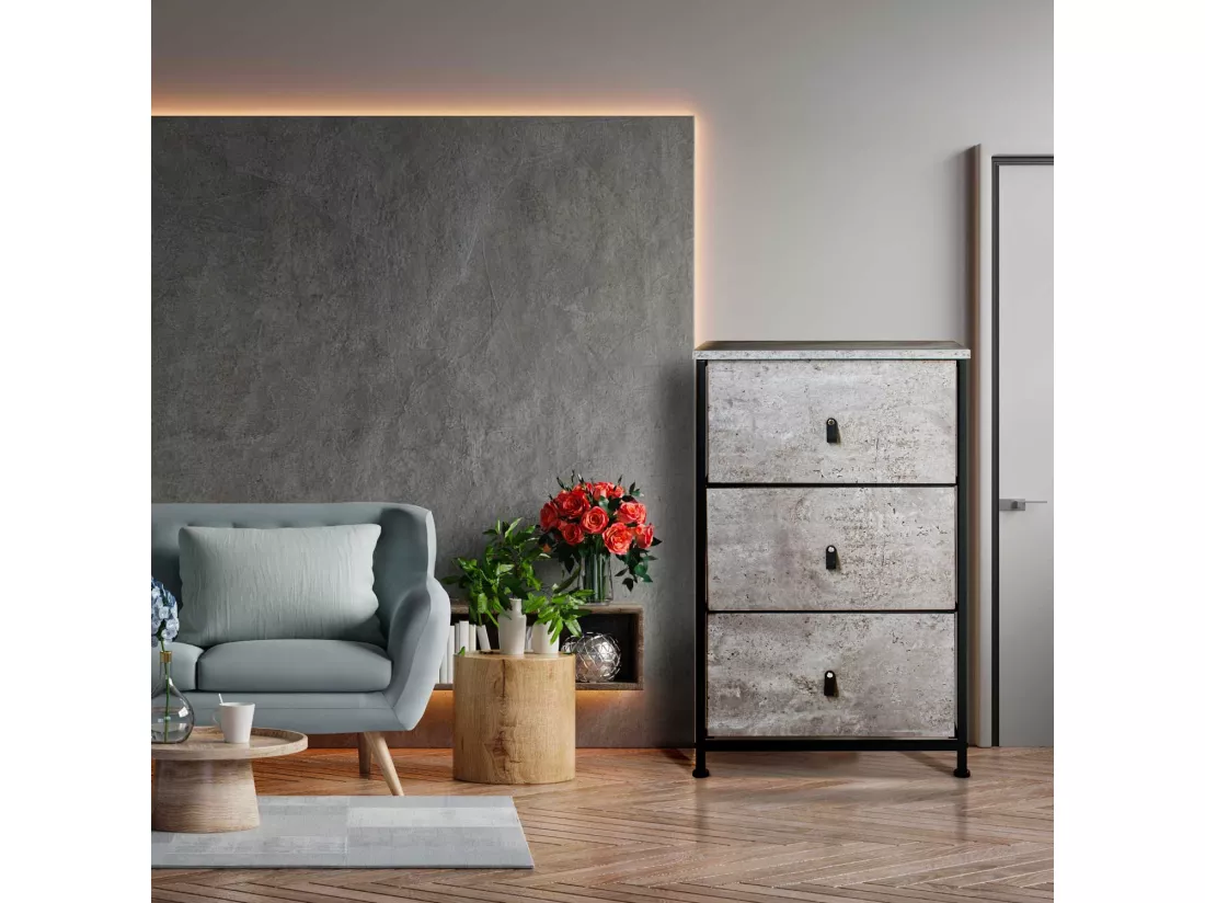 Fedra - Commode 3 tiroirs en tissu, façade et étagère supérieure en bois mélaminé stratifié