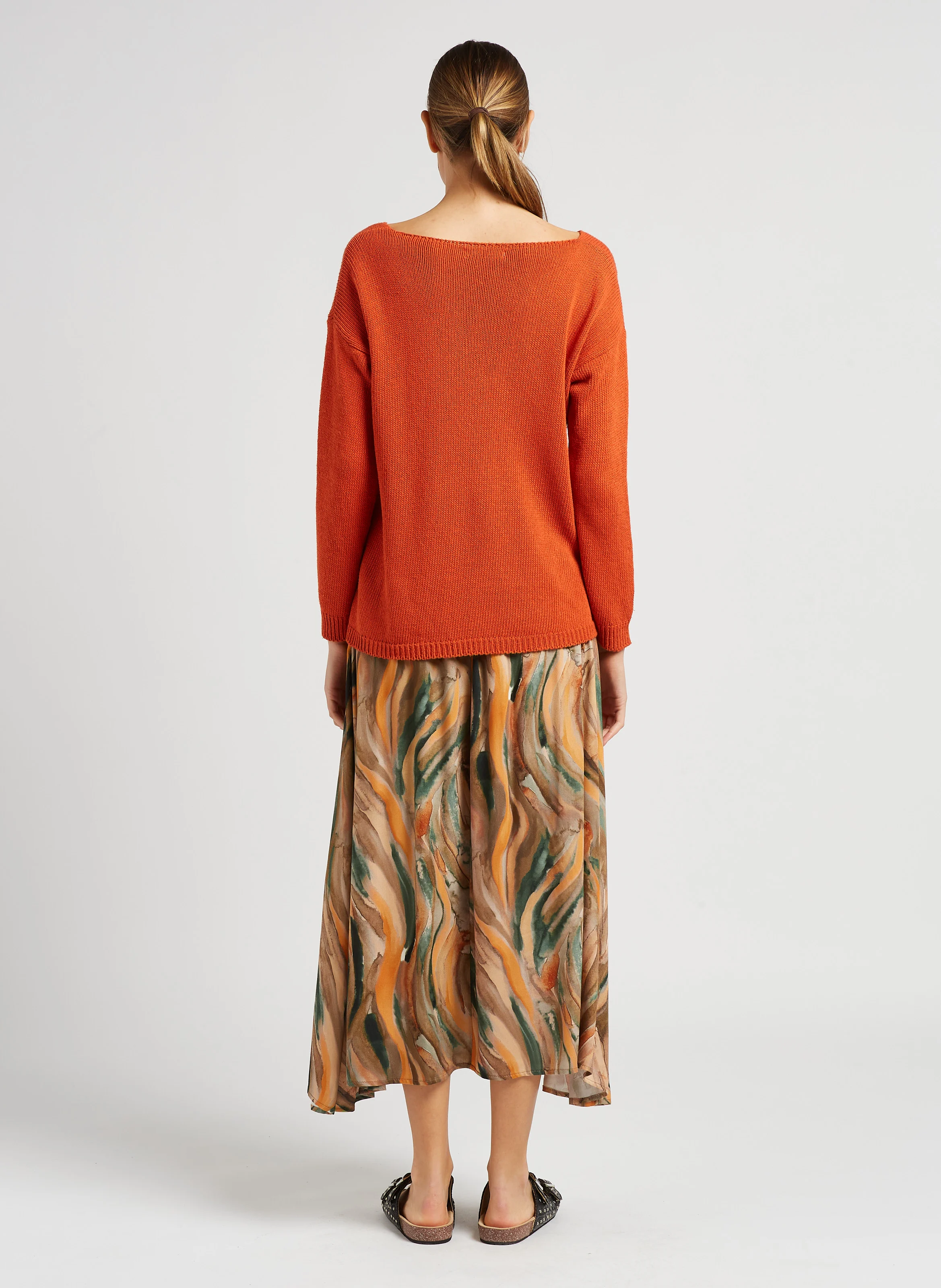 Pull en maille col V en coton mélangé| Orange