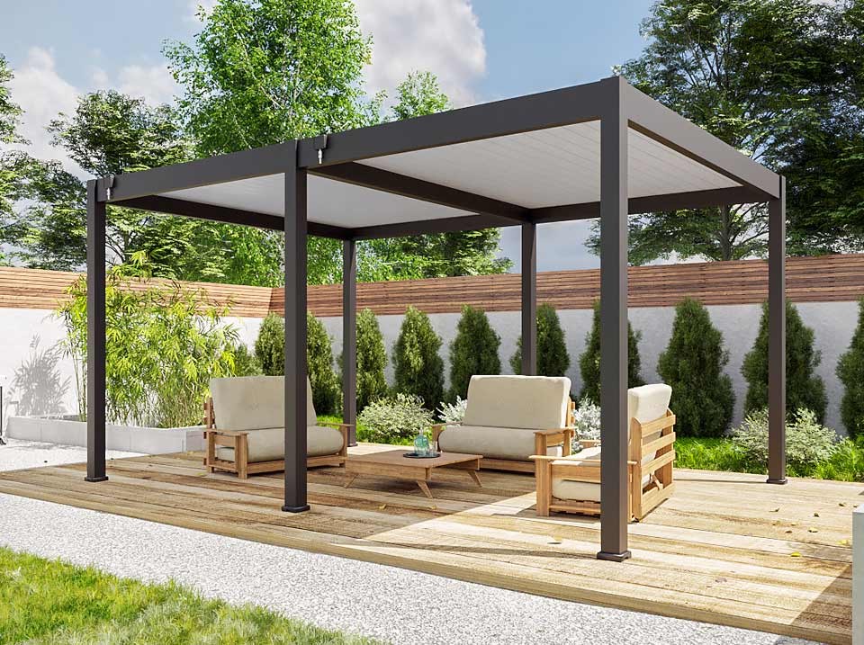 Pergola bioclimatique 3,6x5,3m - eclipse 19m² - gris - autoportee - lames en acier galvanisé - orientables de 0 à 120°