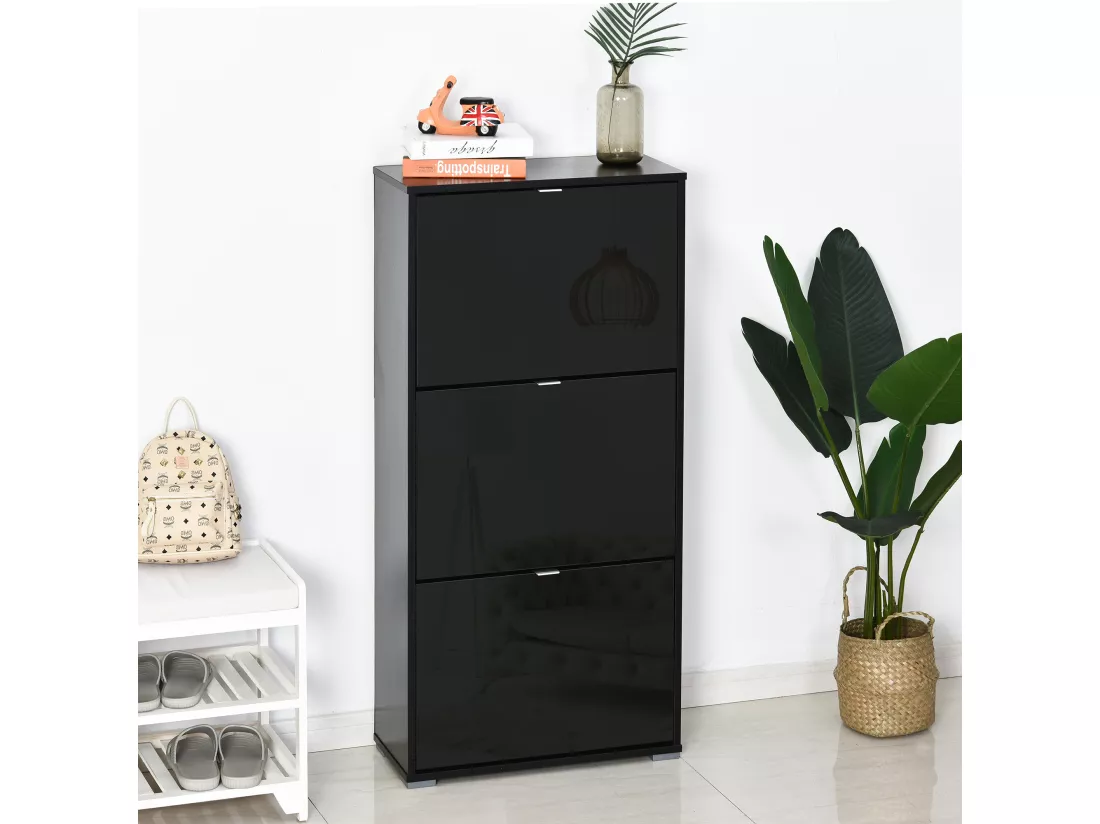 Meuble à chaussures 3 portes abattantes 3 compartiments MDF noir laqué