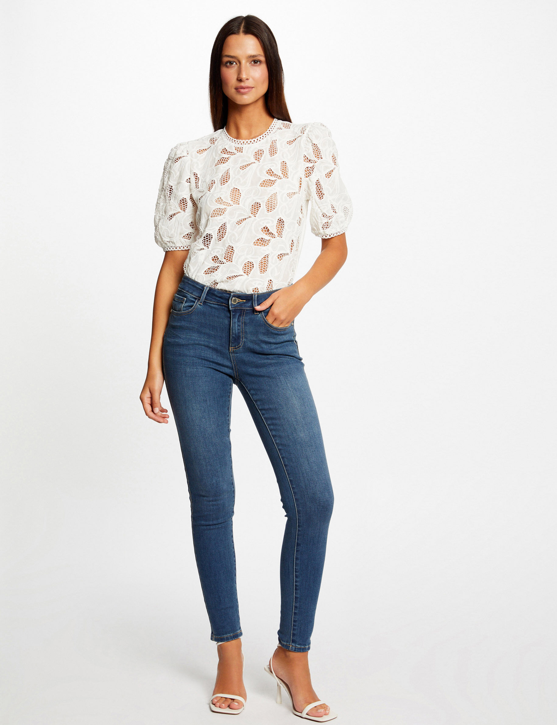 T-shirt manches courtes à détails brodés ecru femme - ecru