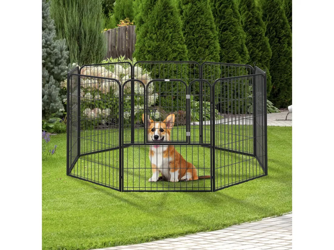 Luxe parc enclos modulable pour chien 8 panneaux porte verrouillable acier époxy noir
