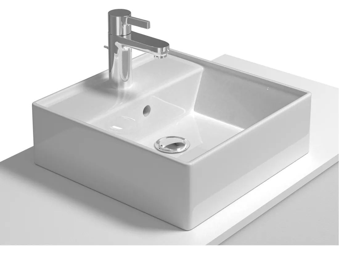 Meuble de salle de bain suspendu blanc avec simple vasque carrée et deux tiroirs - 94 cm - TEANA II