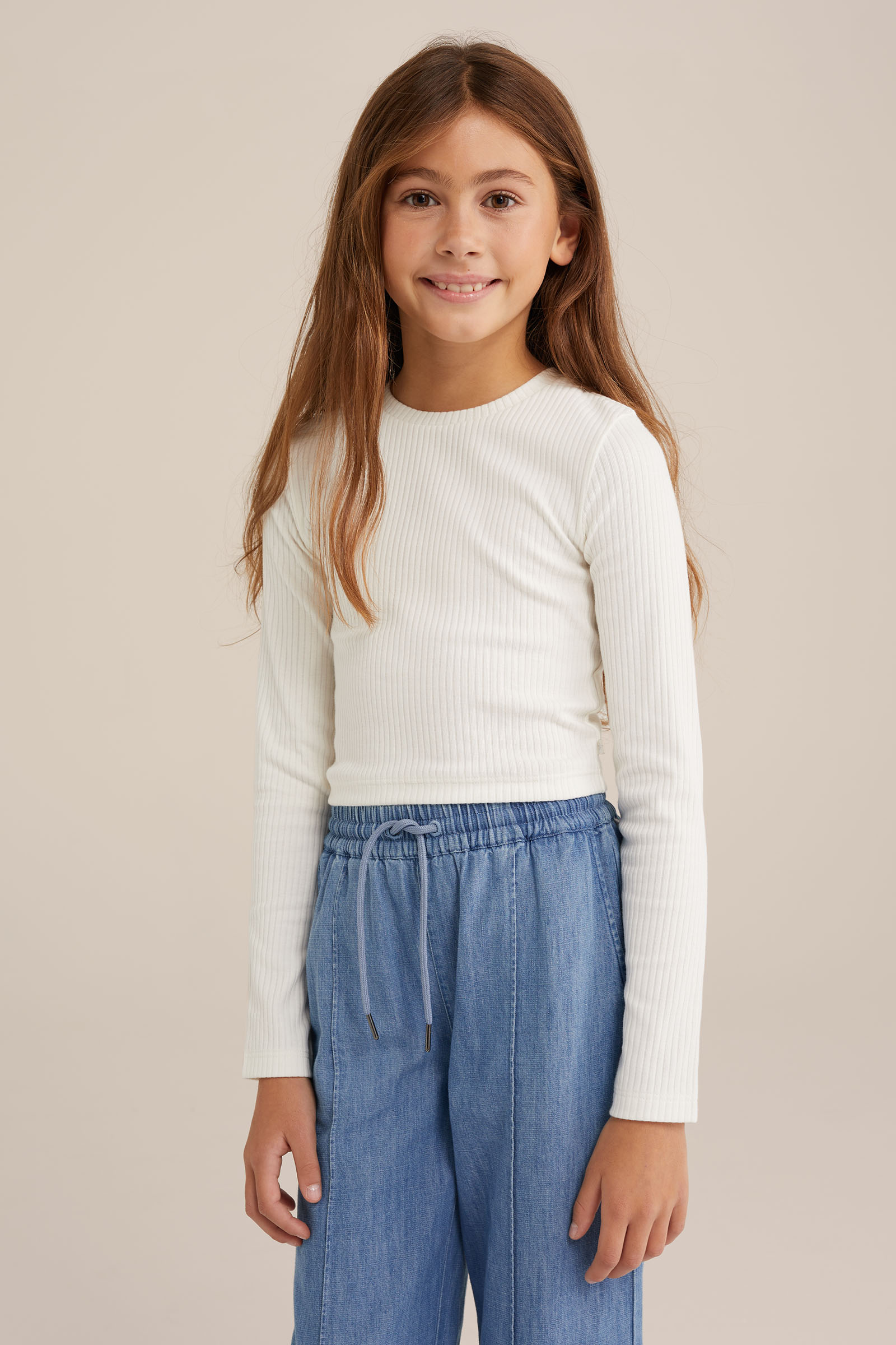 Meisjes cropped T-shirt van ribstof WE Fashion Wit