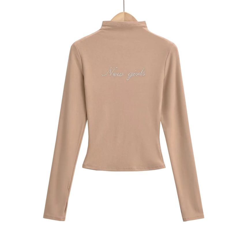 Asiris - Slim-fit T-shirt met lange mouwen en nephals en letters en strass