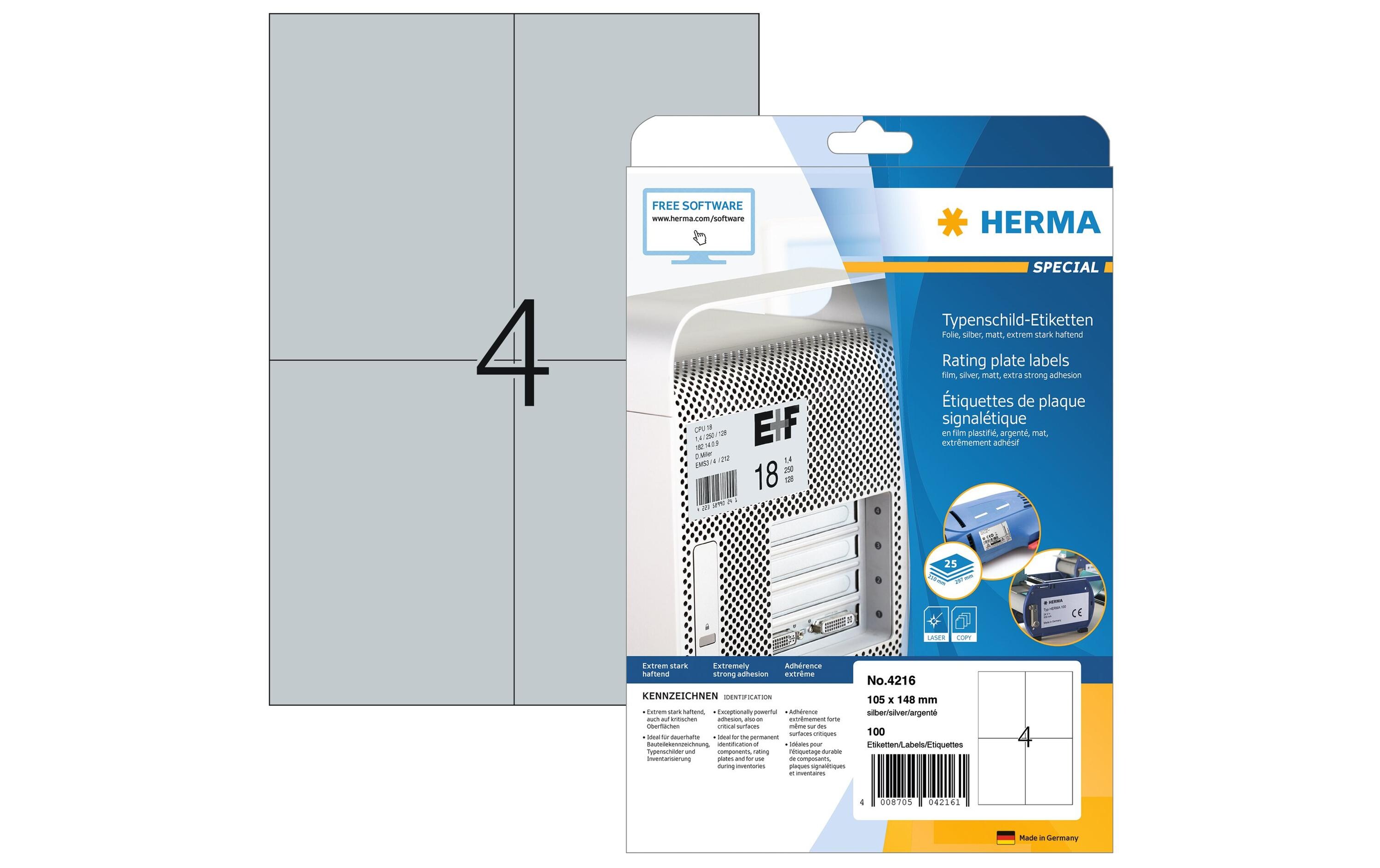 Typenschild-Etiketten 4216 105 x 148 mmTypenschild-Etiketten, silber und extrem stark haftend