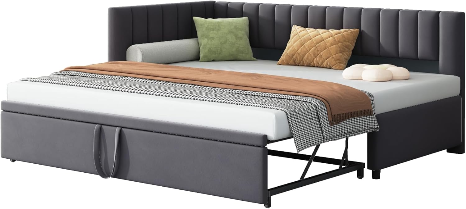 Multifunktionales L-förmiges Schlafsofa mit Ausziehbett 90/180 * 200cm, Polsterbett in Samtstoff, platzsparendes Design für Kinderbett, Gästebett（Ohne Matratze） (dunkelgrau)